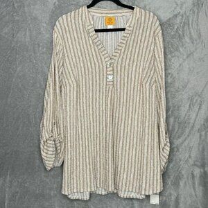 Ruby Rd 1X Shirt Top Brown Striped Long Tab Sleeve Henley V Neck Stretch Knit